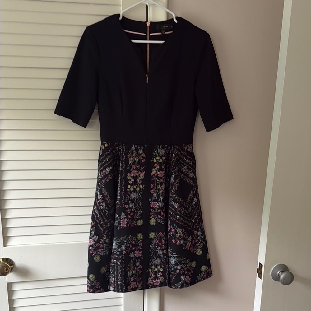 Ted Baker Black and Purple Pleated Midi Dress V-neck Fit and Flare